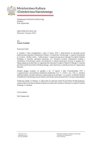 Pismo z MKiDN z rekomendacją o odwołanie dyrektora MIchała Bogackiego